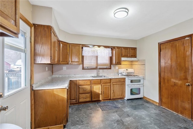 kitchen featuring tasteful backsplash, double oven range, and sink