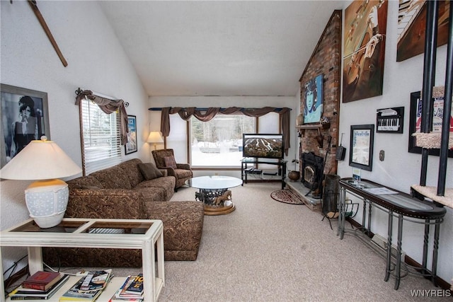 carpeted living room featuring lofted ceiling and a fireplace