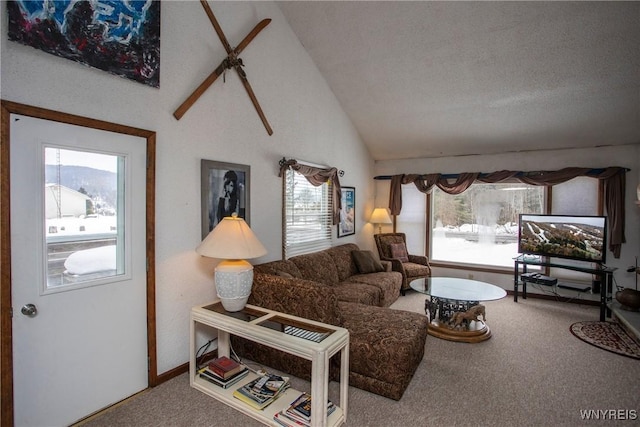 living room featuring lofted ceiling, a textured ceiling, and carpet flooring