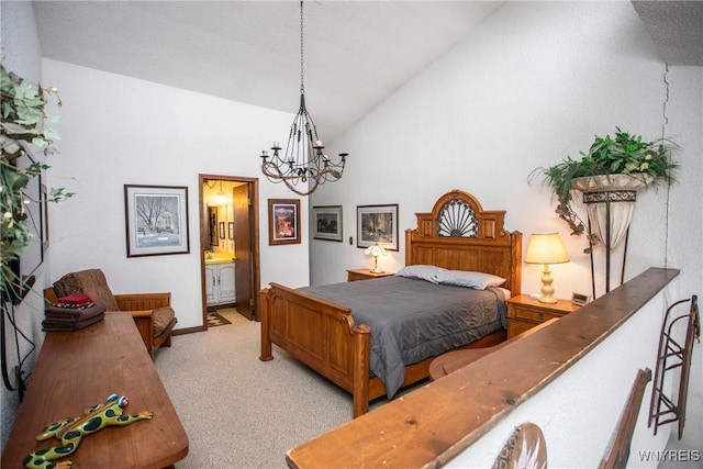 bedroom with light carpet, ensuite bath, vaulted ceiling, and a chandelier