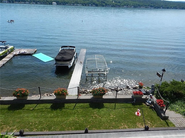 view of water feature with a dock