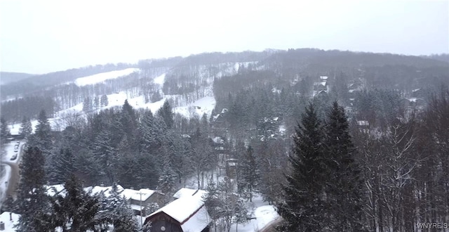 snowy aerial view with a mountain view