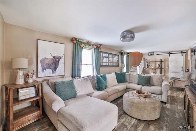 living room featuring a barn door and dark hardwood / wood-style flooring