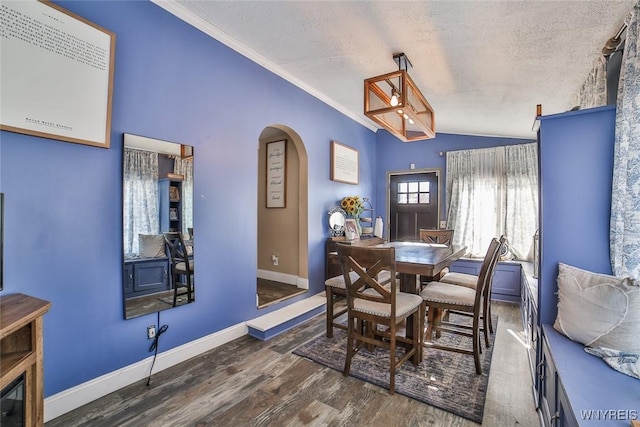 dining room featuring lofted ceiling, ornamental molding, dark hardwood / wood-style floors, and a textured ceiling