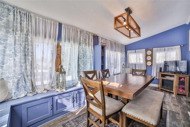 dining area featuring lofted ceiling, a textured ceiling, and dark hardwood / wood-style flooring