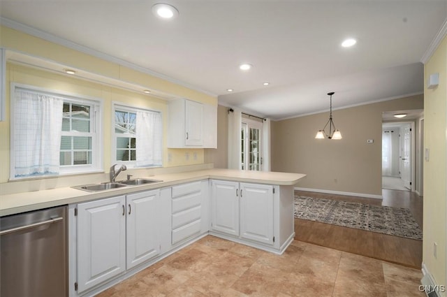 kitchen with white cabinetry, sink, stainless steel dishwasher, and kitchen peninsula