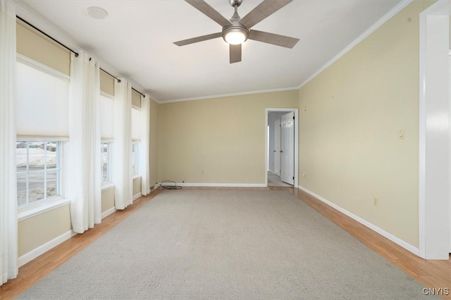 unfurnished room with crown molding, ceiling fan, and light wood-type flooring