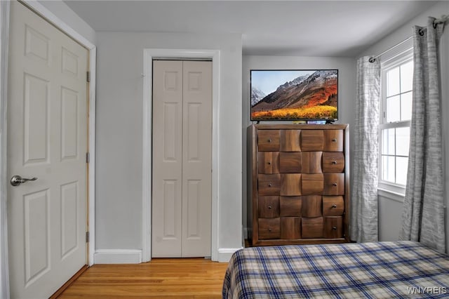 bedroom featuring light hardwood / wood-style floors and a closet