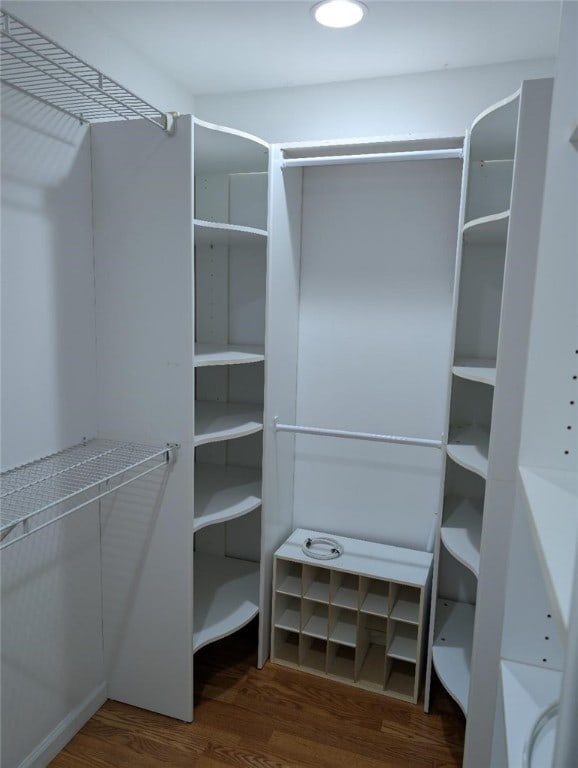 walk in closet with wood-type flooring