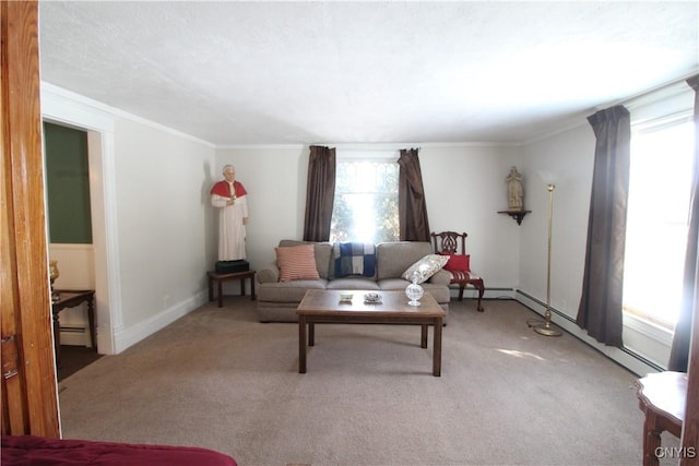 living room featuring a baseboard heating unit, ornamental molding, and carpet flooring