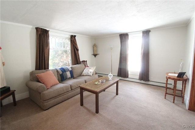 living room with crown molding, light carpet, and a wealth of natural light