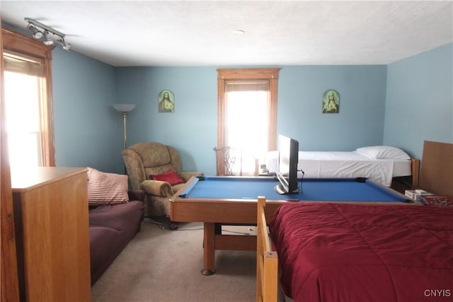 bedroom with light colored carpet and billiards