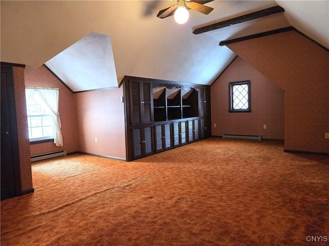 bonus room with carpet, a baseboard heating unit, and vaulted ceiling with beams