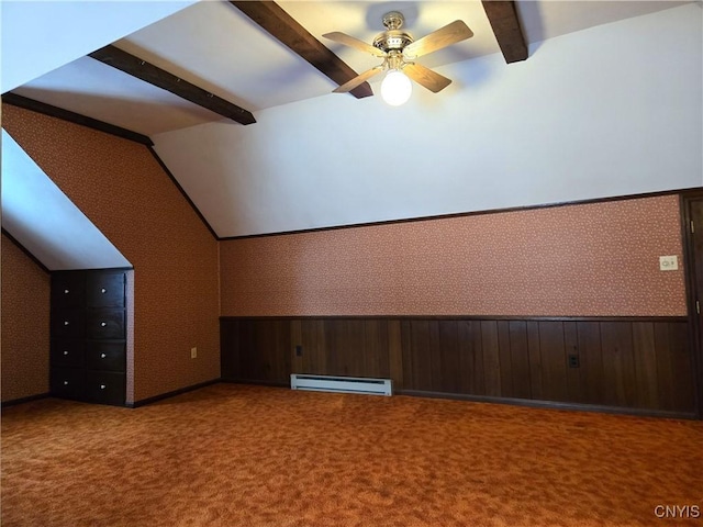 bonus room featuring ceiling fan, a baseboard radiator, carpet floors, and vaulted ceiling with beams
