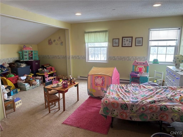 carpeted bedroom with a textured ceiling, lofted ceiling, and multiple windows