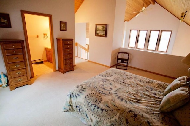 bedroom featuring wood ceiling, lofted ceiling with beams, and light carpet