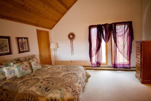 bedroom featuring vaulted ceiling, carpet floors, and wood ceiling