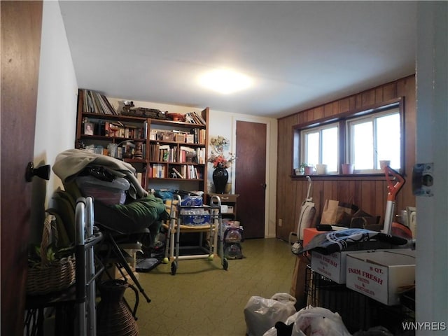 office area with wooden walls