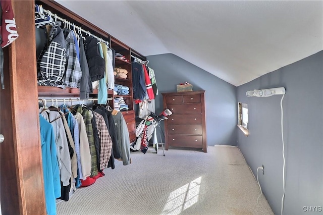 spacious closet with light carpet and lofted ceiling