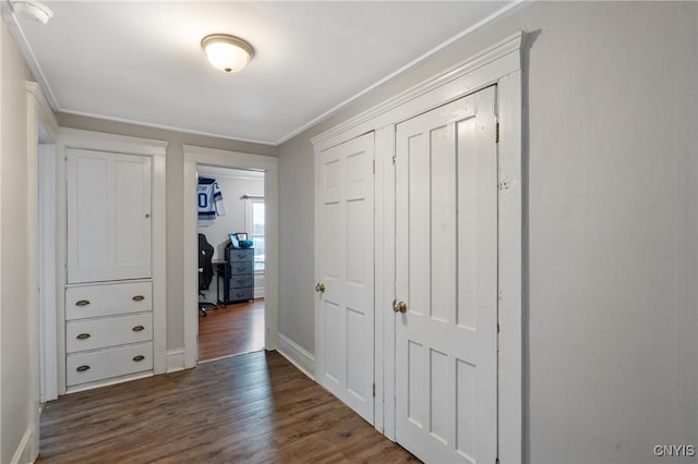 hall featuring crown molding and dark hardwood / wood-style floors