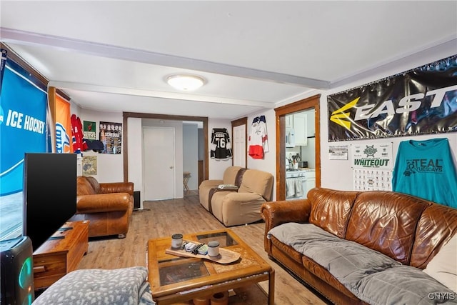 living room with light hardwood / wood-style floors and beam ceiling