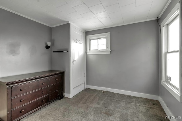 unfurnished bedroom with crown molding and light carpet