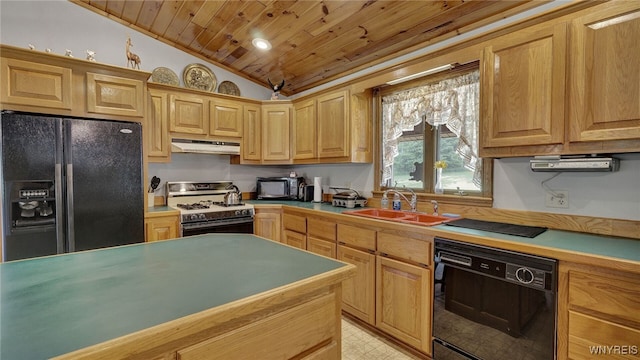 kitchen with lofted ceiling, sink, black appliances, and wooden ceiling