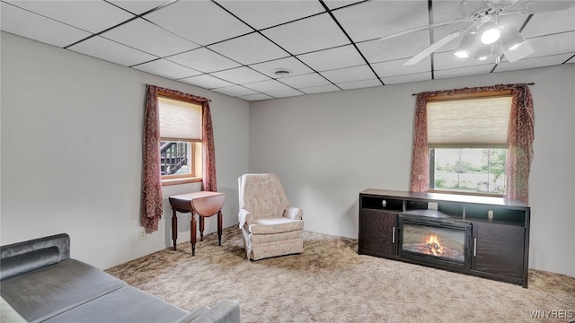 living area featuring ceiling fan, a drop ceiling, and carpet