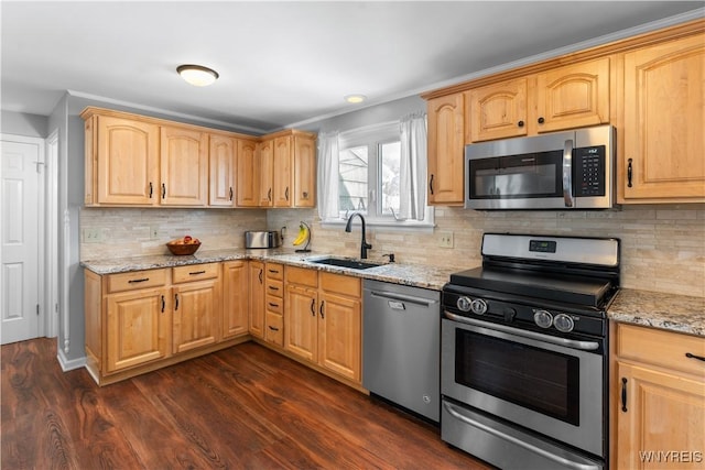 kitchen featuring sink, appliances with stainless steel finishes, light stone countertops, and dark hardwood / wood-style flooring