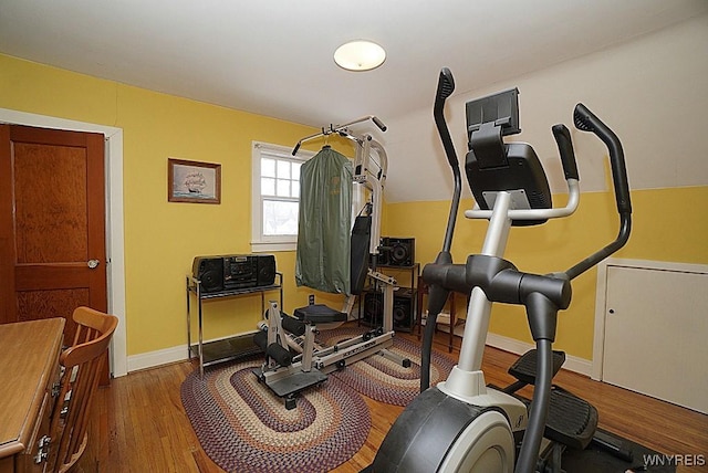 exercise room with hardwood / wood-style floors