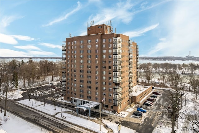 view of snow covered building