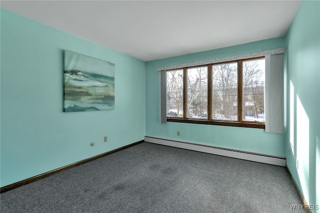 unfurnished room featuring a baseboard heating unit and carpet floors