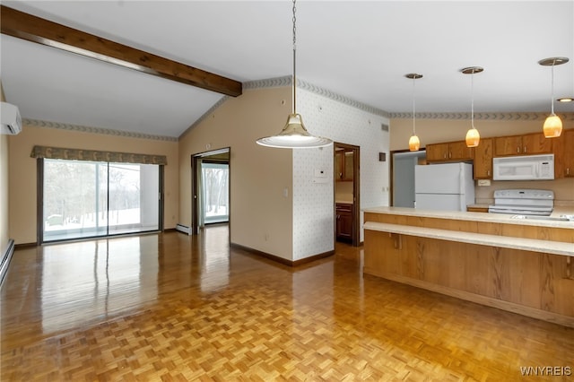 kitchen with white appliances, vaulted ceiling with beams, light parquet flooring, and pendant lighting