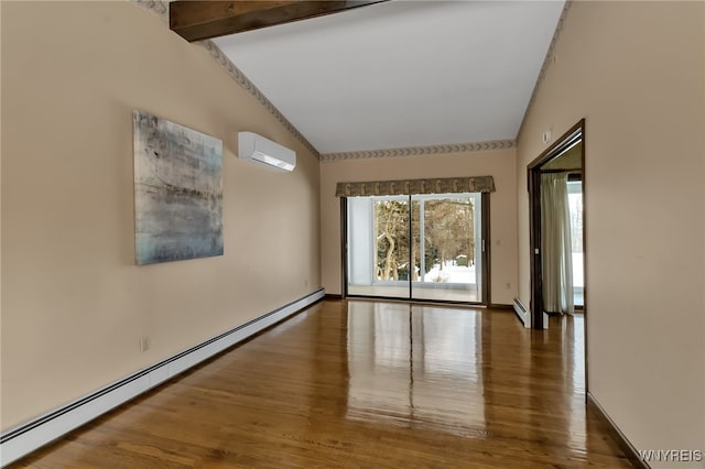 empty room featuring a baseboard heating unit, an AC wall unit, lofted ceiling with beams, and wood-type flooring