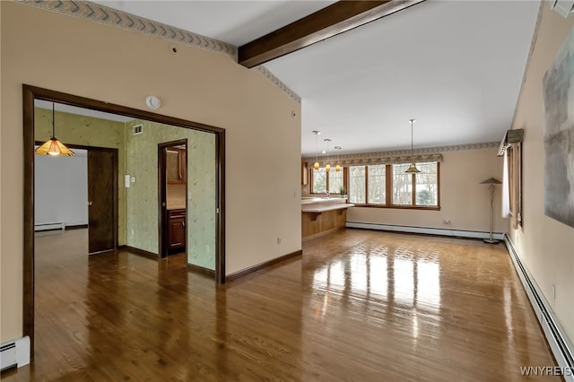 unfurnished room with lofted ceiling with beams and baseboard heating