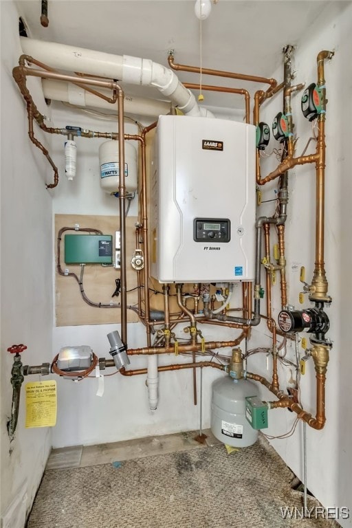 utility room featuring tankless water heater