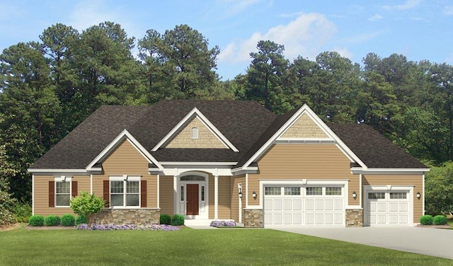 craftsman-style home featuring a front lawn and a garage