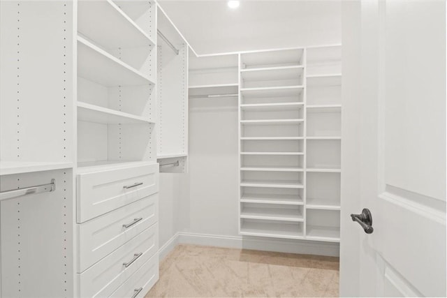 spacious closet with light colored carpet