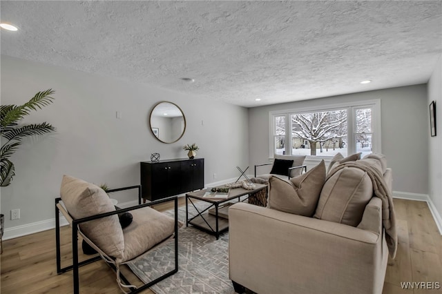 living room with a textured ceiling and hardwood / wood-style floors