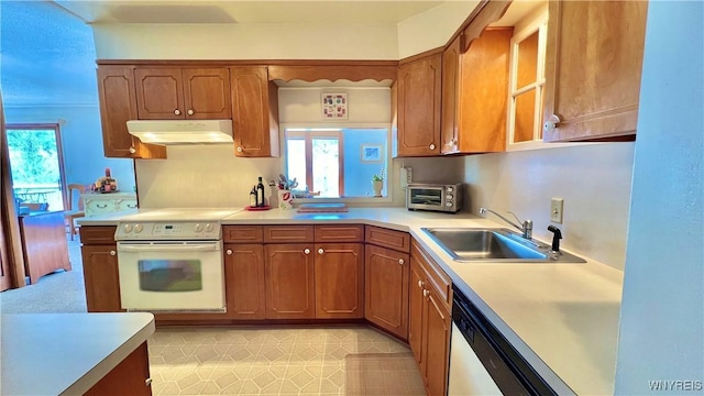 kitchen with sink, white range with electric stovetop, and dishwasher