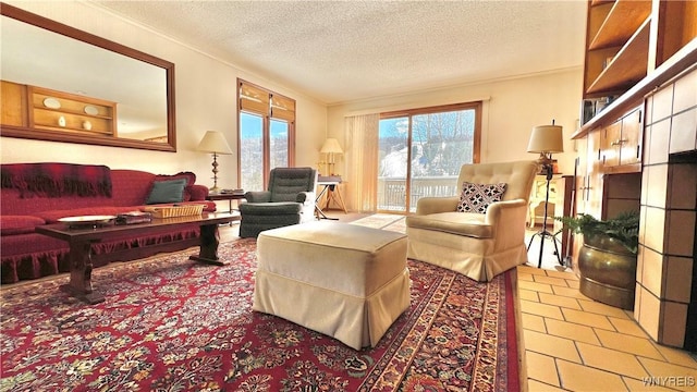 living room featuring a textured ceiling, crown molding, and light tile patterned flooring