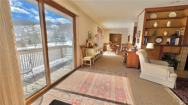 hall featuring carpet and crown molding