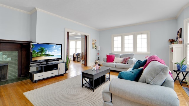 living room featuring ornamental molding and light hardwood / wood-style flooring