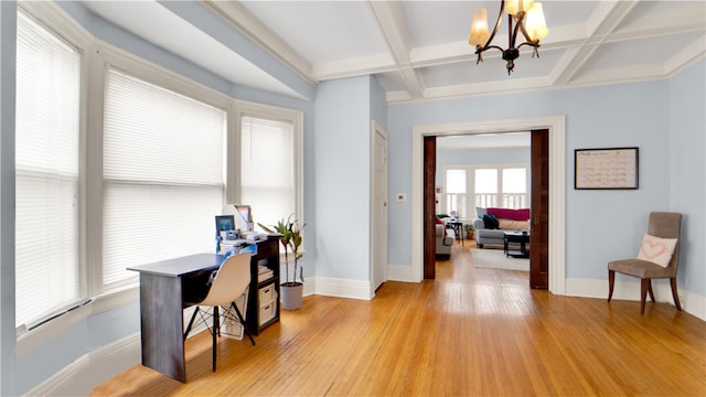 office area featuring coffered ceiling, a chandelier, light hardwood / wood-style floors, and beam ceiling