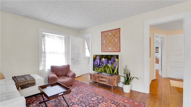 living room with a textured ceiling and hardwood / wood-style floors