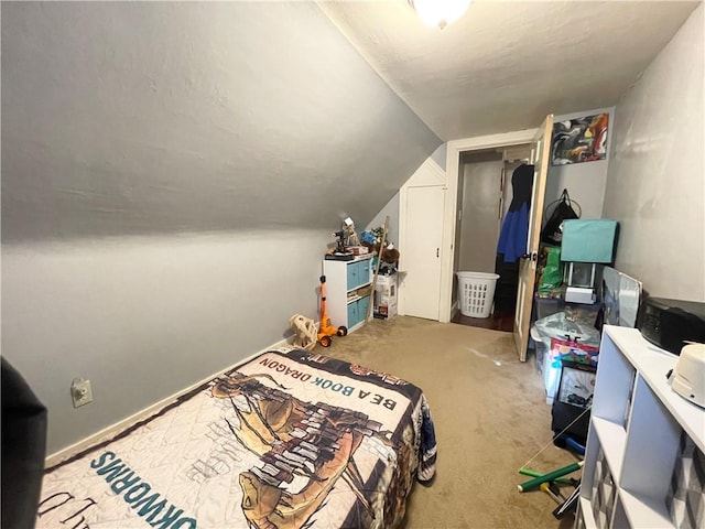 bedroom with lofted ceiling and a closet