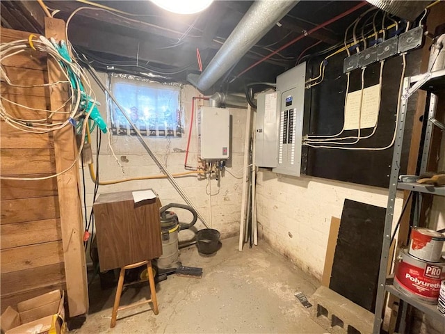 basement with electric panel and tankless water heater