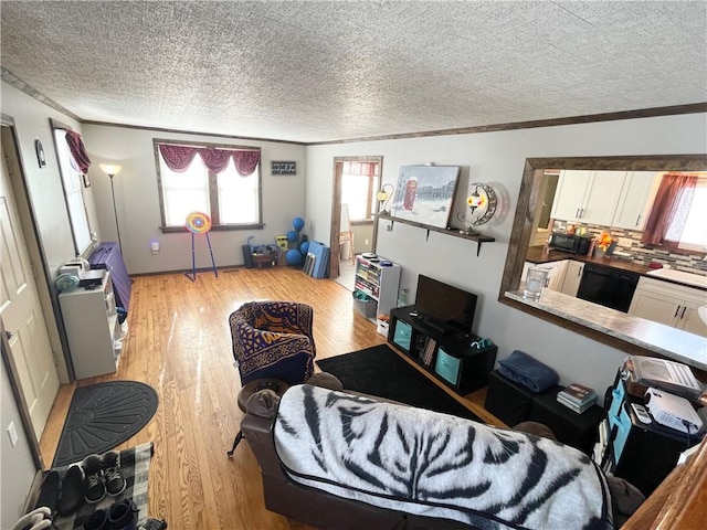 living room featuring light hardwood / wood-style floors, a textured ceiling, and ornamental molding