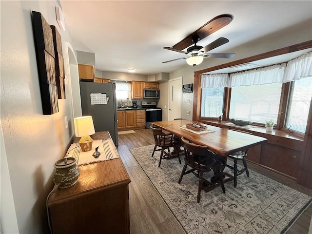 dining room with ceiling fan, plenty of natural light, and dark hardwood / wood-style flooring