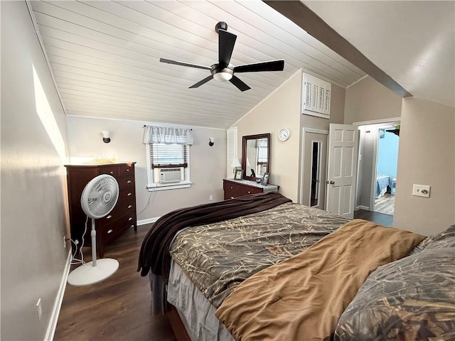 bedroom with cooling unit, ceiling fan, vaulted ceiling, wood ceiling, and dark hardwood / wood-style flooring